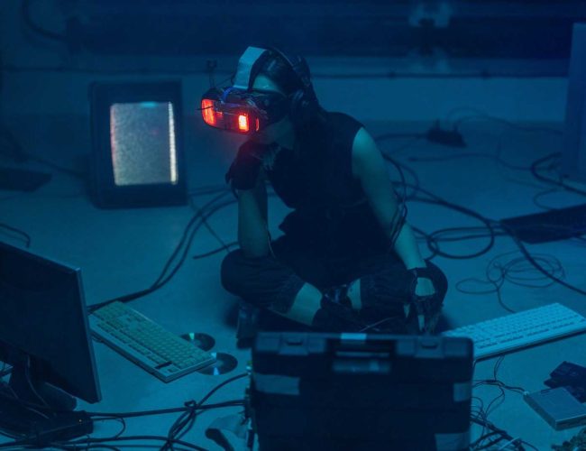 A woman in a dark room wearing a VR headset surrounded by retro technology.
